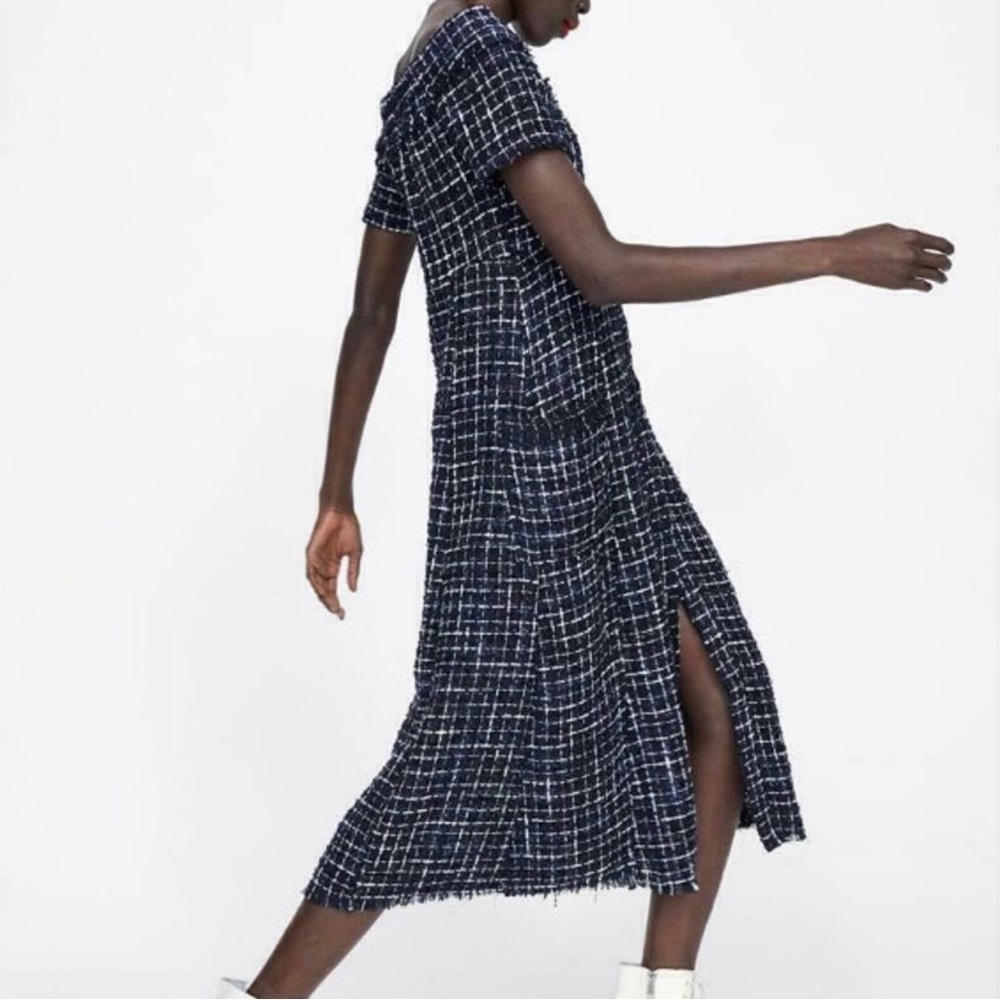Zara Off-the-Shoulder Tweed Dress in Navy